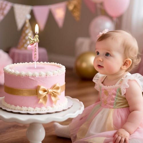 Glitter Number 7 Birthday Candle with Pink & Golden Bowknot