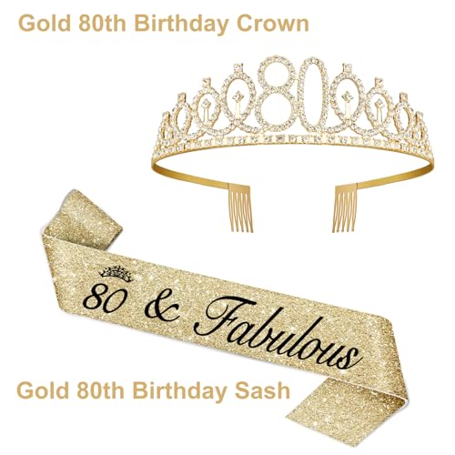 Gold 80th Birthday Decorations Set for Women - Tiara, Sash & Candles