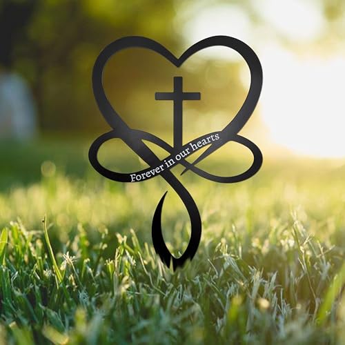 Black Metal Infinity Heart Cross Grave Decoration Stake - Memorial Garden Ornament