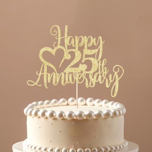 25th Anniversary Cake Topper - Glitter Golden Party Decor