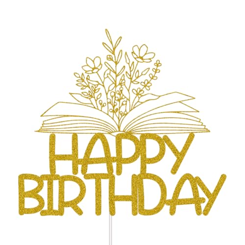 Gold Glitter Reading Happy Birthday Cake Topper for Book Lovers