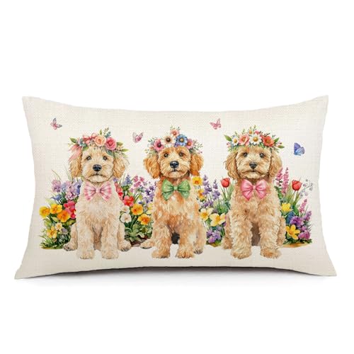 Golden Dog Decorative Pillow Cover 12x20 Inch with Floral Design