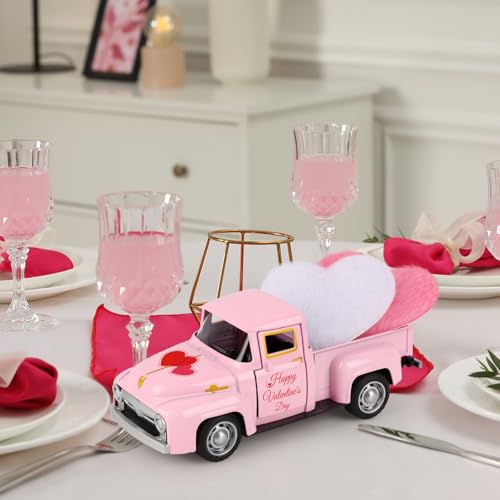 Valentine's Day Mini Pink Metal Pickup Truck with Hearts Decor