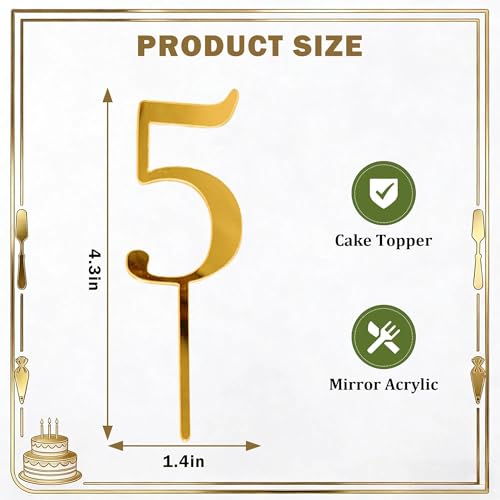 Gold Number 5 Cake Topper - Elegant Mirror Acrylic for 5th Birthday