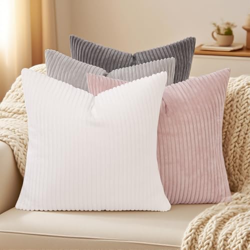 Set of 4 Corduroy Throw Pillow Covers 16x16 - Soft Boho Striped Decor