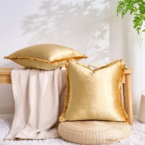KWLET Gold Velvet Throw Pillow Covers Set of 2 18x18 Inches with Tassels - Boho Modern Home Decor