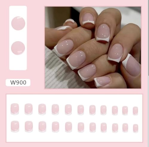 Short Square French Tip Press On Nails - Glossy Pink 24Pcs Set