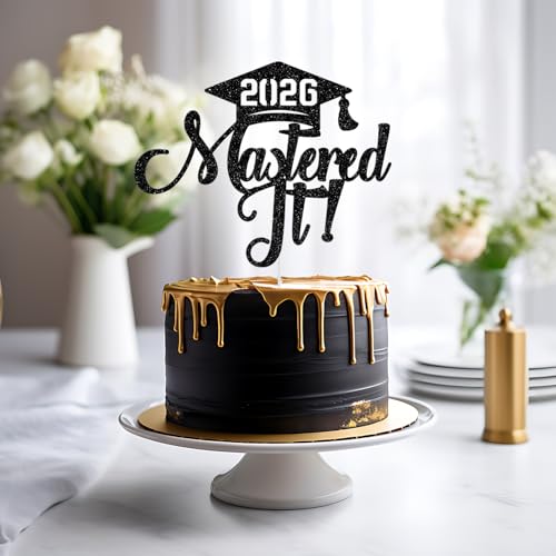 2026 Graduation Cake Topper - Happy Masters Degree in Black Glitter