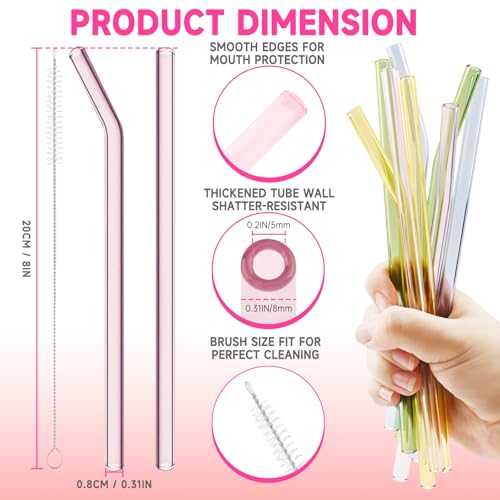 10 Pcs Reusable Colorful Glass Straws, 8 Inch Shatter-Resistant Set