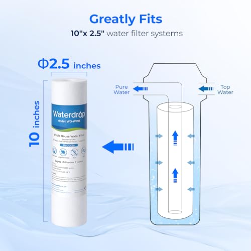 Waterdrop 5 Micron 10" x 2.5" Whole House Water Filter Replacement Cartridge, Sediment Water Filter Replacement for Any 10 inch RO Unit, Aqua-Pure¢ç AP110, Culligan¢ç P5, WHKF-GD05, 6 Pack