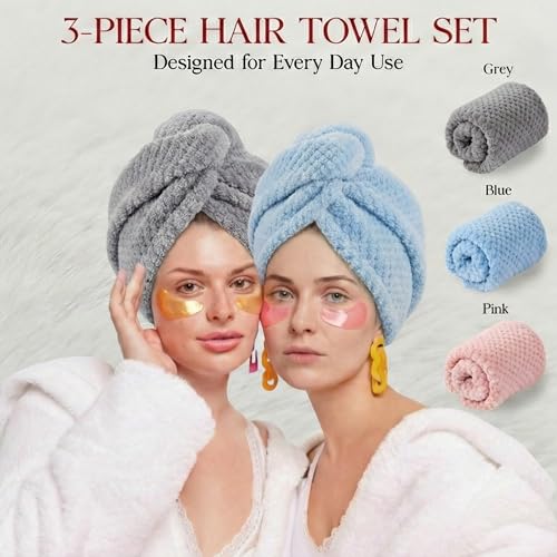 3 Pack Large Microfiber Hair Towel Wraps for Women - Quick Dry & Anti-Frizz