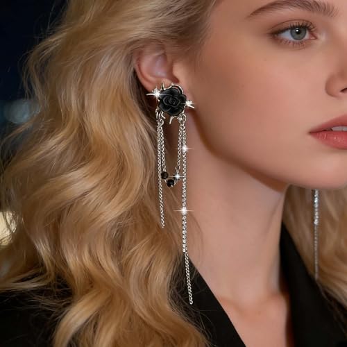 Black Rose Flower Long Rhinestone Chain Drop Earrings Ear Cuff