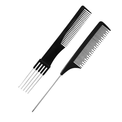 Rat Tail Comb and Teasing Comb Set with Metal Pick - 2 Pack Black