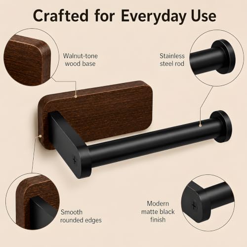 Wall-Mounted Wood and Matte Black Toilet Paper Holder for Bathroom