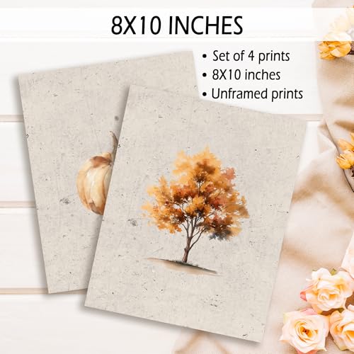 Fall Autumn Wall Art Prints Set of 4 - Vintage Pumpkin Maple Leaf Posters 8x10