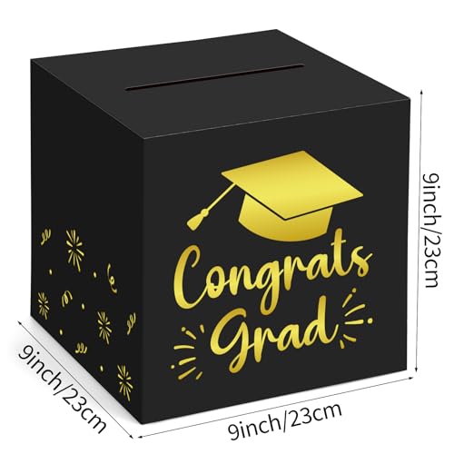 Graduation Card Box 9.1" - Black Gold Money Holder for Class of 2026