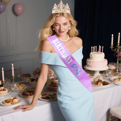 Birthday Girl Crown and Sash Set - Purple Rhinestone Tiara & Glitter Sash