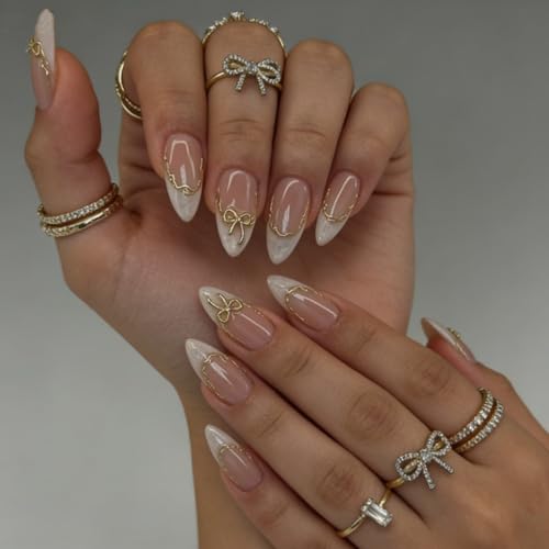 French Press on Nails Almond White Tips with 3D Gold Bow 24Pcs