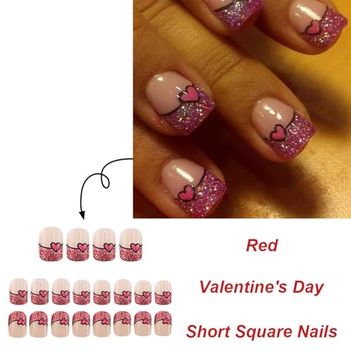 Valentine Press on Nails Short Square False Nails with Red Heart Design