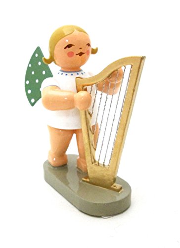 German Hand-Painted Angel Figurine Playing Large Harp - Collectible Folk Art