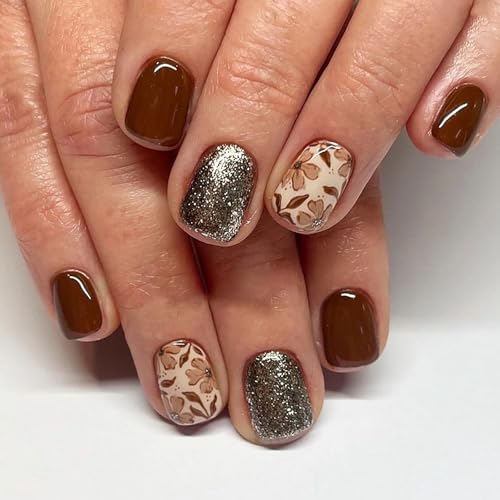 Brown Square Press on Nails with Flowers, Rhinestones and Glitter - 24Pcs Glossy False Nails