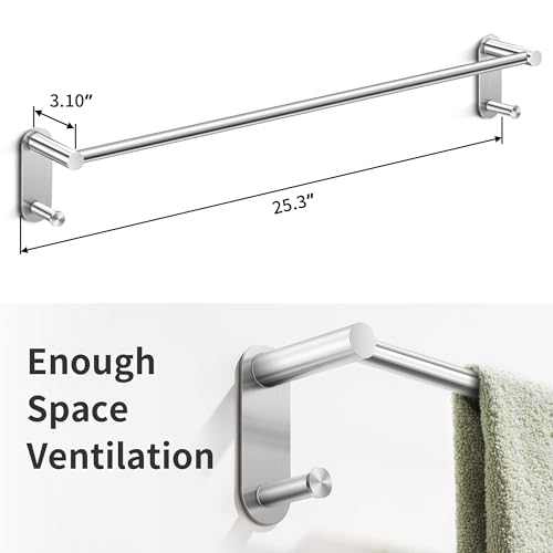 24 Inch Brushed Nickel Towel Bar, No-Drill Adhesive Rack with 2 Hooks