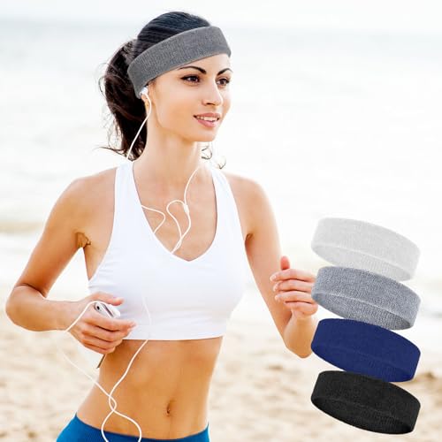 4 Pack Sweatbands for Men & Women ? Soft & Absorbent Cotton Terry Headbands for Sports, Gym, Running, Basketball, and Workouts