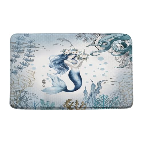 Mermaid Bath Mat, Blue Ocean Memory Foam Bathroom Rug 18" x 30"