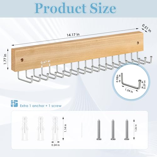Lomrsiul Wall Mounted Tie and Belt Organizer, Natural Wood, 18-Hook Swivel