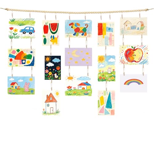Kids Art Wall Display with 36 Wooden Clips 67-Inch Hanging Gallery for Photos & Artwork