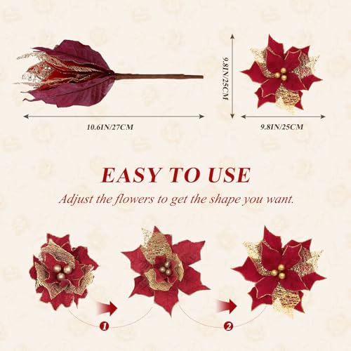 Artificial Poinsettia Flowers Set - 9 Inch Glitter Christmas Decorations, Red & Gold