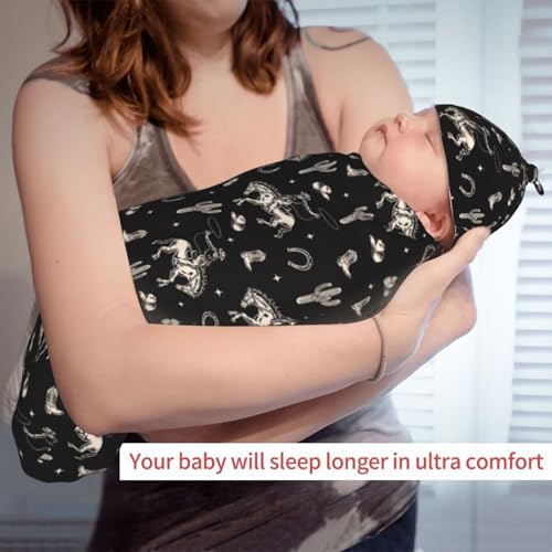 Broiteid Newborn Baby Swaddle Blanket and Beanie Hat Set - Cowboy Western