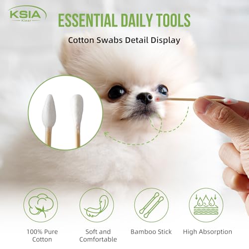KSIA Dual-Tip Cotton Swabs with Bamboo Sticks 200 Count - Pointed and Round Buds for Makeup and Personal Care