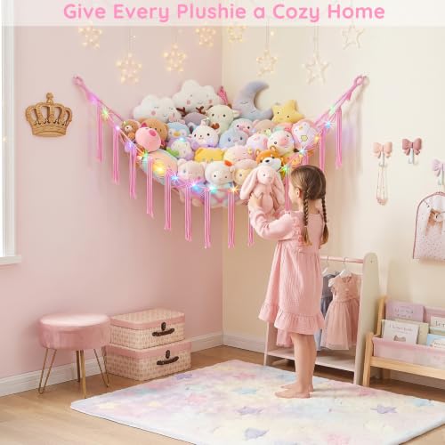 Basumee Pink Stuffed Animals Hammock with LED Light - Large (39" x 39" x 59")