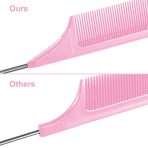 Leinuosen 3 Pack 9 Inch Carbon Fiber Rat Tail Comb with Metal Pick Pink