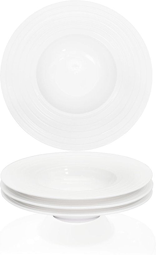Creativity Home Ceramic Wide Rimmed Soup Plate, Soup Bowl 12 oz, Pasta Bowl Set of 4, White Shallow Bowl Plate with Rim, Best choice for high-end restaurants, hotels, and foodies,11.4 Inch Coil relief