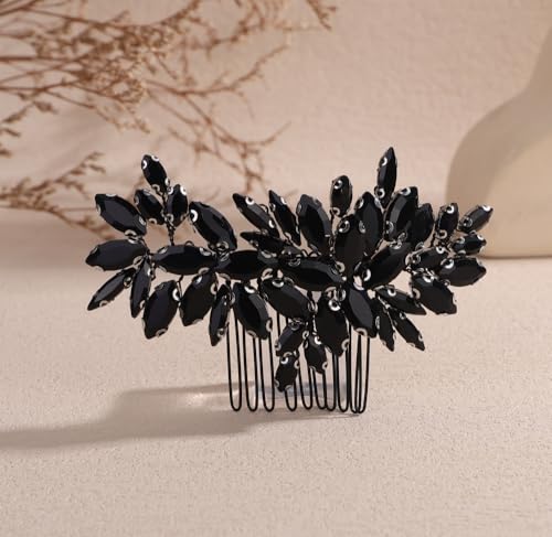 Denifery Crystal Leaf Bridal Hair Comb Black Rhinestone Headpiece