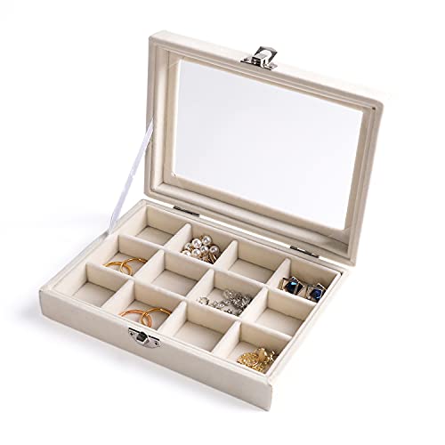 Frebeauty 12 Grid Velvet Earring Organizer Tray - Beige Jewelry Box