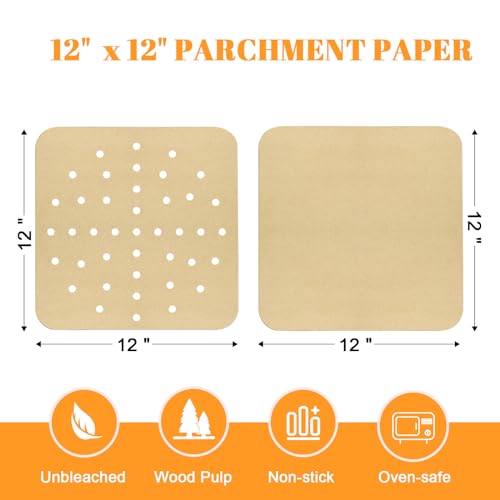 Golden Associate 12x12 Inch Parchment Paper Liners for Air Fryer 130 Pcs Combo - Perforated & Unperforated Sheets for Ninja, Cuisinart, Breville, Instant Pot