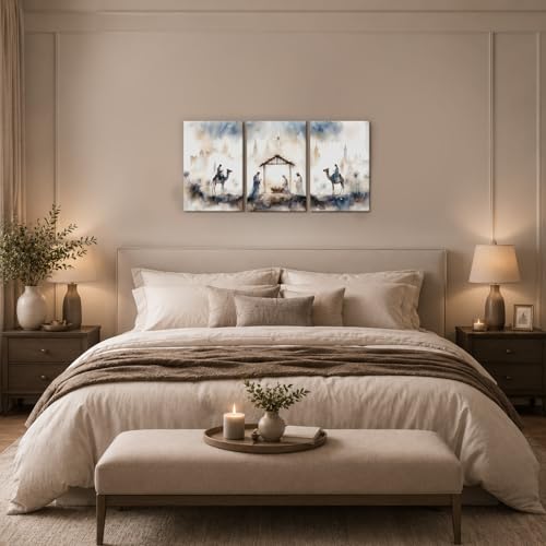 Religious Wall Art Set of 3 Nativity Scene Canvas Prints 16x24 Inches - Blue-Gray
