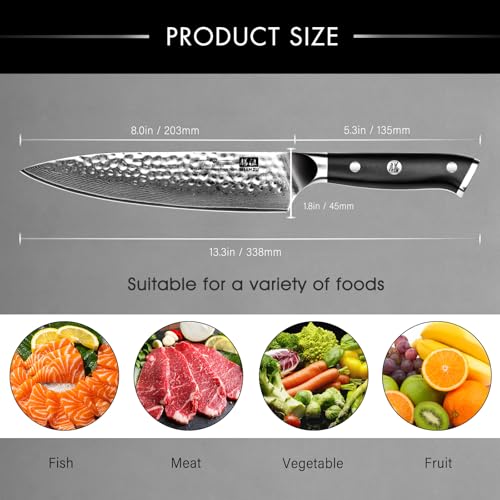 Damascus Steel Chef Knife 8 Inch - Hammered Version for Precise Cutting