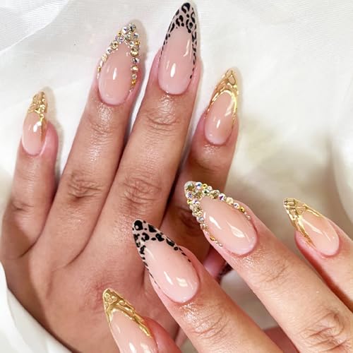 Octoswave Medium Almond Press on Nails French Artificial Fake Nails with Leopard and Rhinestones Charms 24pcs
