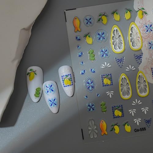 Tephrent 3 Sheets 5D Embossed Summer Fruit Lemon & Floral Nail Stickers