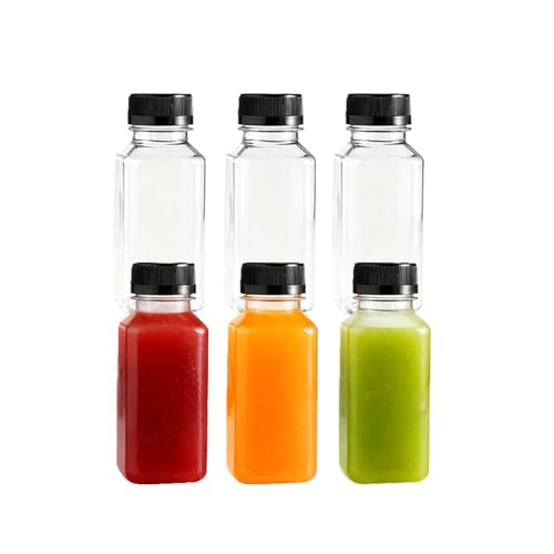 8oz Plastic Juice Bottles with Black Lids - 6 Pack, Leak-Proof Reusable Drink Containers