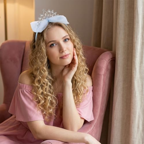Blue Rhinestone Crown Headband with Tulle Bow for Women Birthday Parties