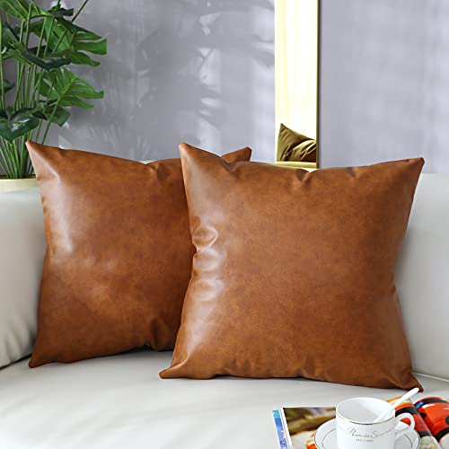 Faux Leather Throw Pillow Covers 18x18 Inch - Set of 2