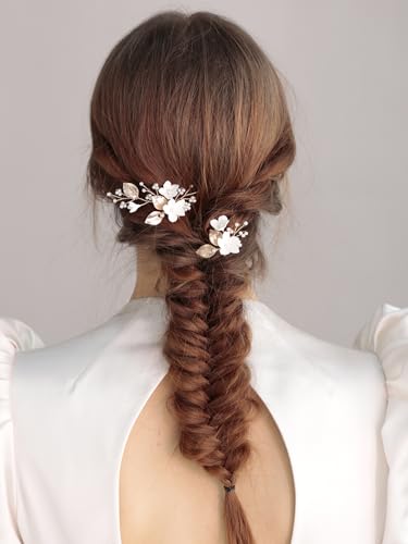 Bridal Hair Pins White Flower Gold Leaf Pearls - SELFCLOUD