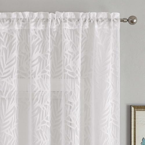 Short White Sheer Curtains 24" Length, 2 Panels with Jacquard Design