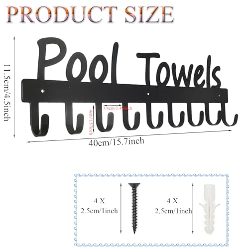 GreatMH 9-Hook Black Pool Towel Rack for Outdoor and Bathroom Storage