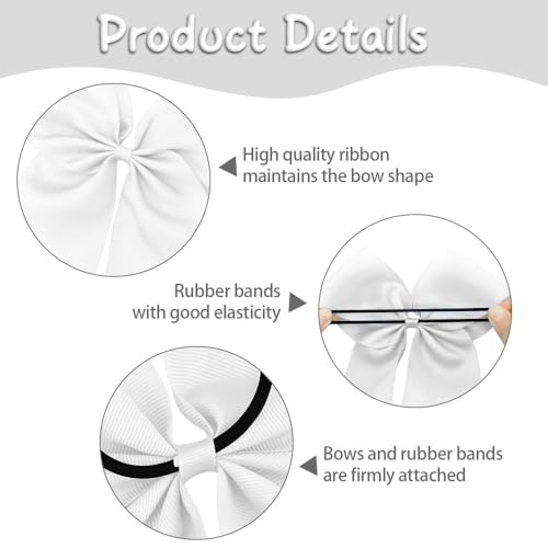 Large White Hair Bows for Cheerleaders - 8 Inch Cheer Bow with Elastic